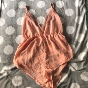 Boohoo.com Lace trim sheet teddy in color blush